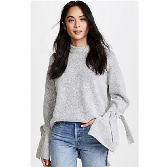 J.O.A. Gray Marled Knit Bell Tie Sleeve Mock Neck Oversized Hi Low Sweater large - Picture 1 of 13
